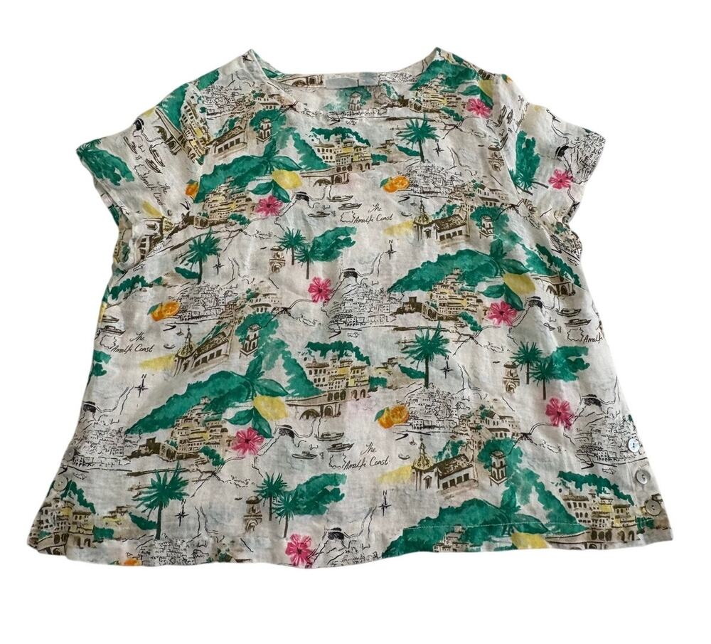 Cynthia Rowley Amalfi Coast Linen Top Womens 2X Postcard Print Italian Summer